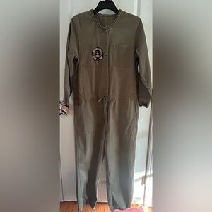 AERIE Olive Green Utility Jumpsuit Softest Twill Tie Waist Button Front XL